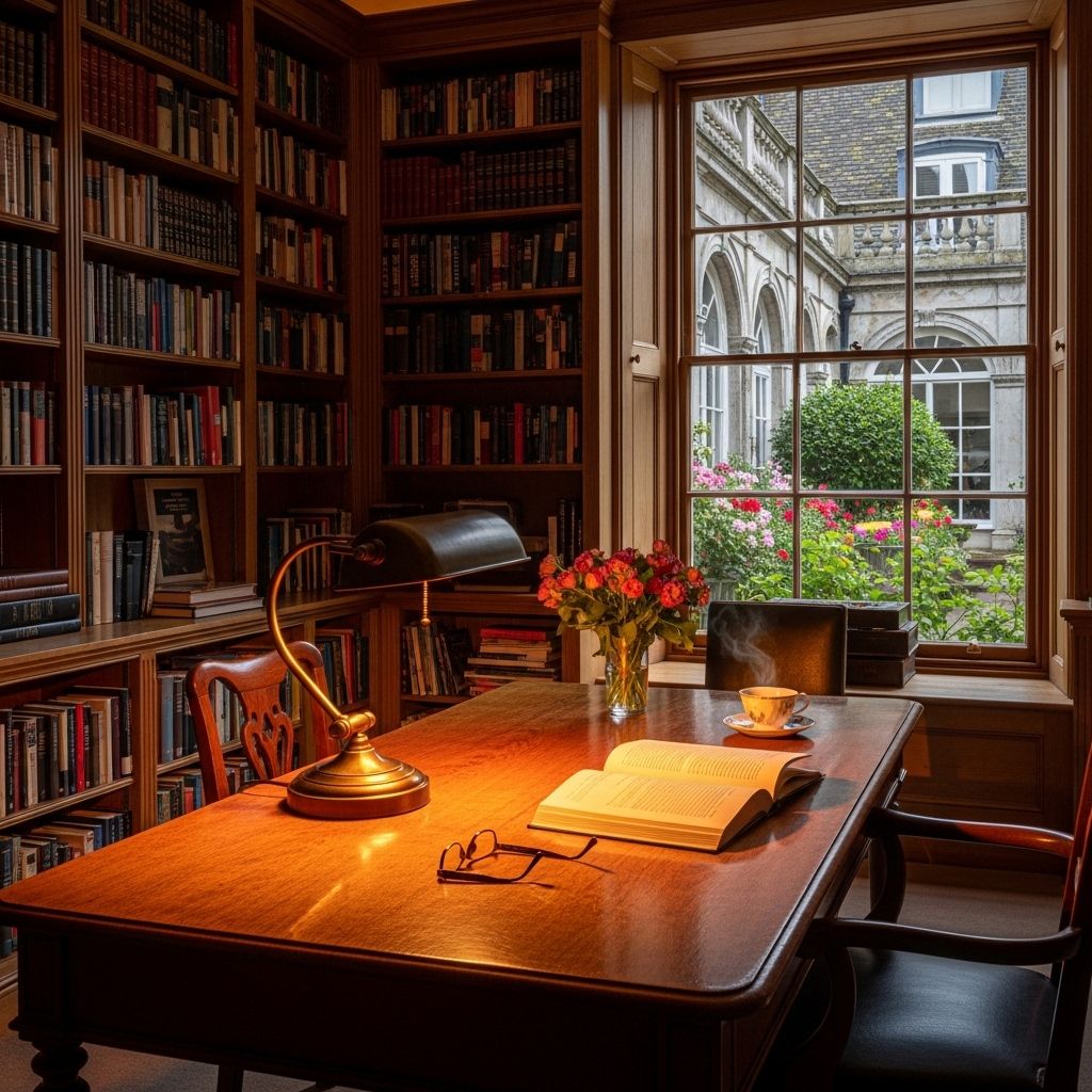 Quiet reading room with tall bookshelves lining the walls, warm lamp light on a wooden reading table, and a large window overlooking a garden courtyard