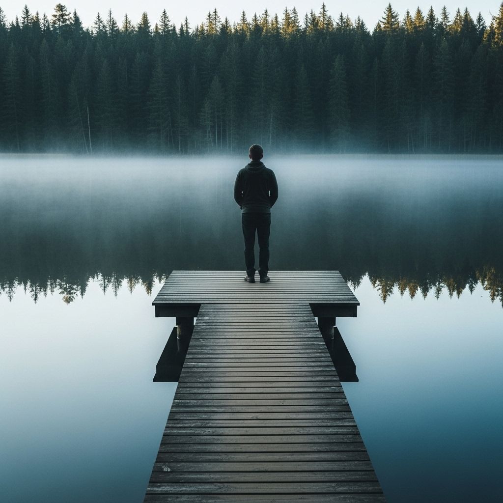 Peaceful scene of a person standing alone on a wooden pier over a still misty lake surrounded by pine forest at early morning, reflecting solitude and contemplation